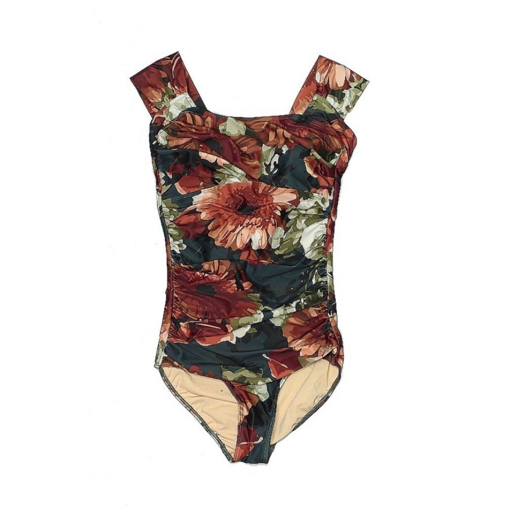 Albion Fit Messina Red Floral Wide Strap Ruched One Piece Swimsuit Size XS